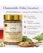 Herbal infusion jar with chamomile, tulsi, and licorice on a white background
