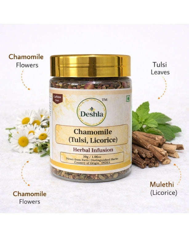 Herbal infusion jar with chamomile flowers, tulsi leaves, and mulethi on a white background