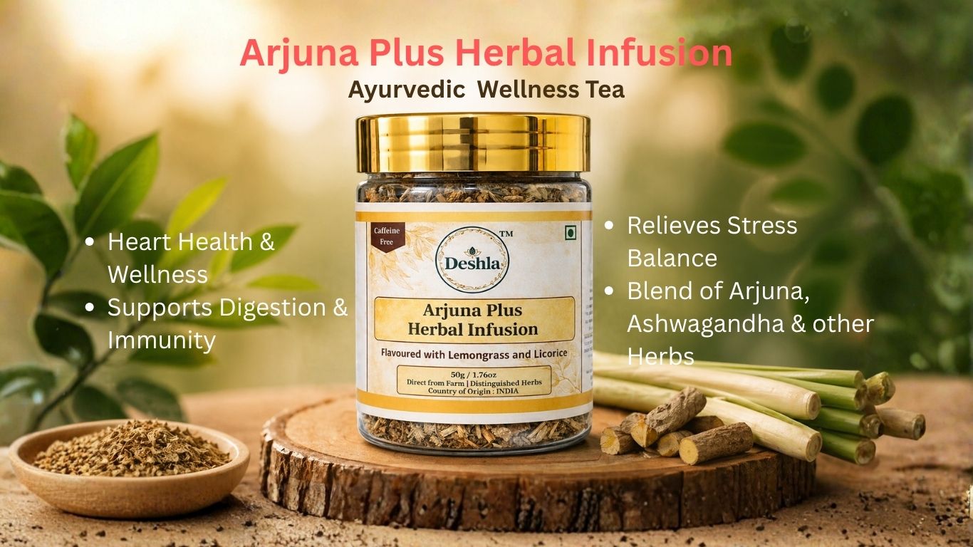 Deshla Arjuna Plus Herbal Infusion tea packaging with herbs on a wooden surface