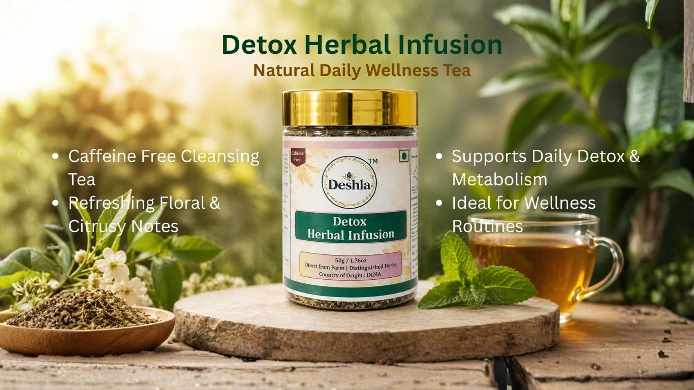 Detox Herbal Infusion tea packaging with tea cup and herbs on a wooden surface