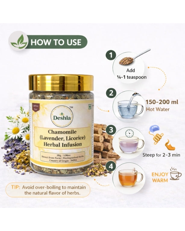 Deshla Chamomile Herbal Infusion packaging with usage instructions on a white background