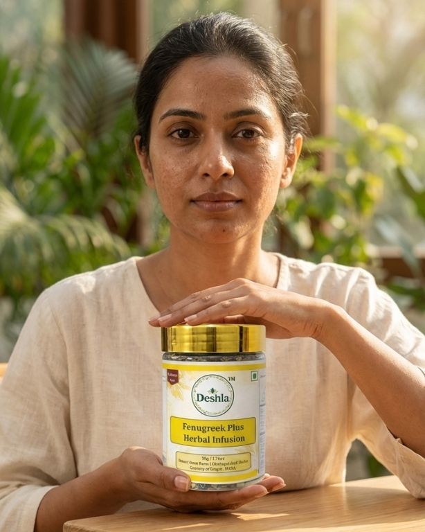 Woman holding a jar of Deshla Tonmugreek Plus Herbal Infusion with greenery in the background