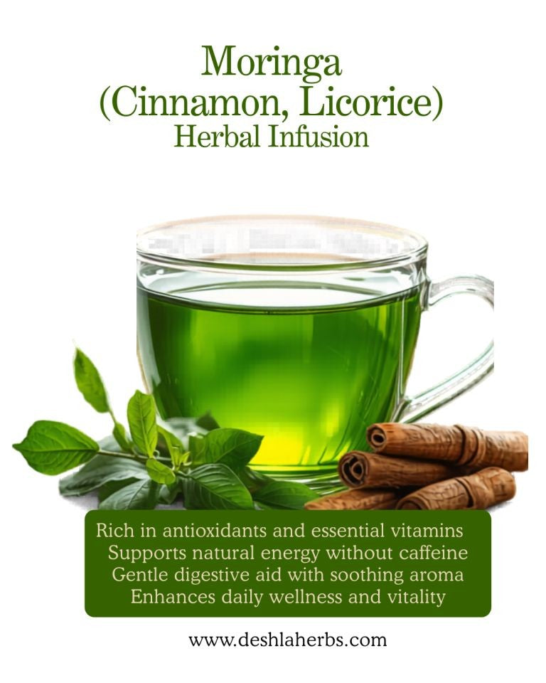 Glass mug of green Moringa Cinnamon Licorice Herbal Infusion with leaves and cinnamon sticks on a white background.