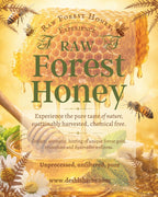 Advertisement for Raw Forest Honey with honeycomb, bees, and a wooden spoon.