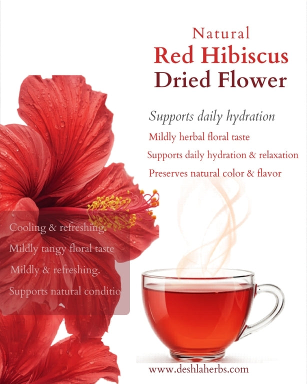 Advertisement for natural red hibiscus dried flower with a cup of tea and text about its benefits.