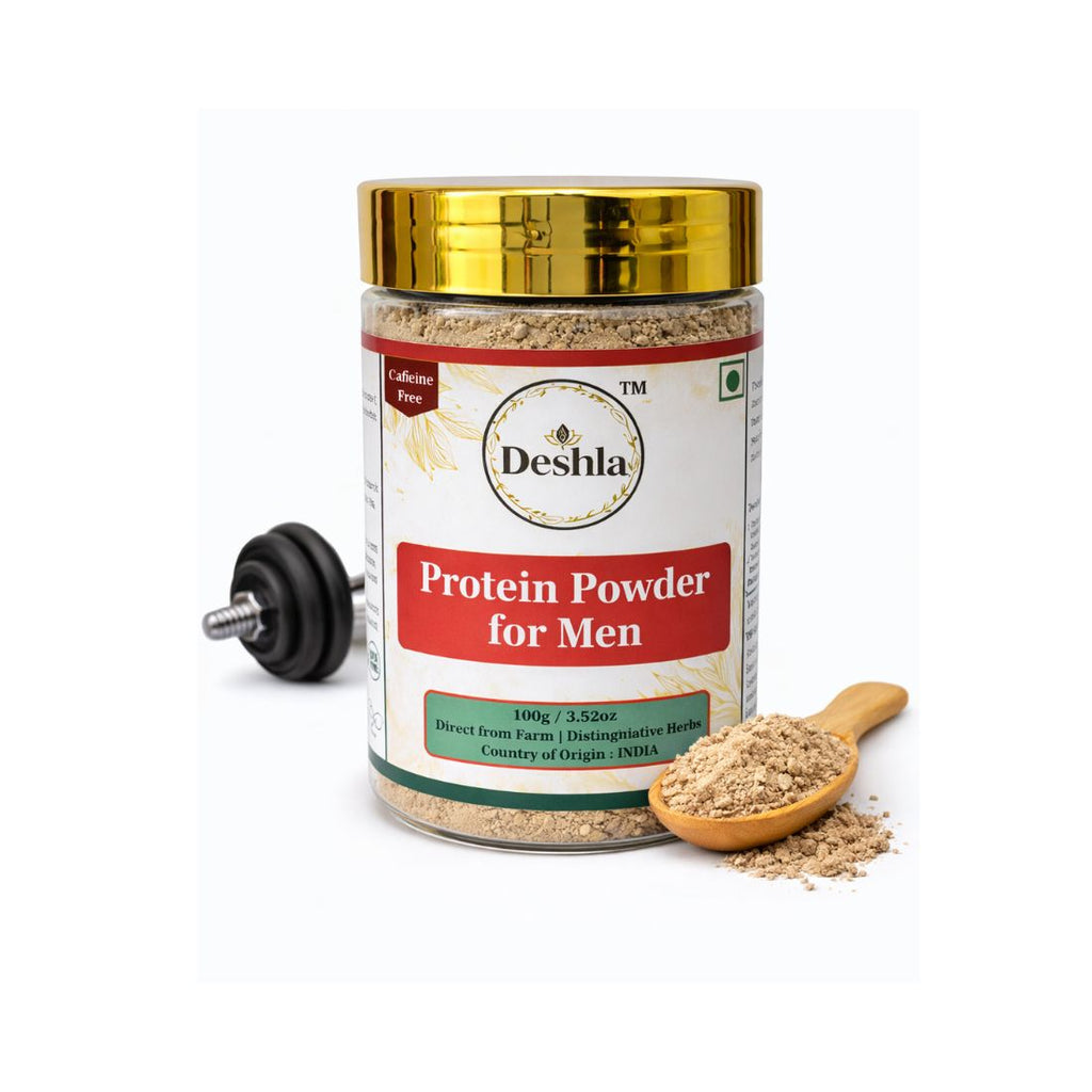 Deshla Protein Powder for Men with a scoop and weight bar on a white background