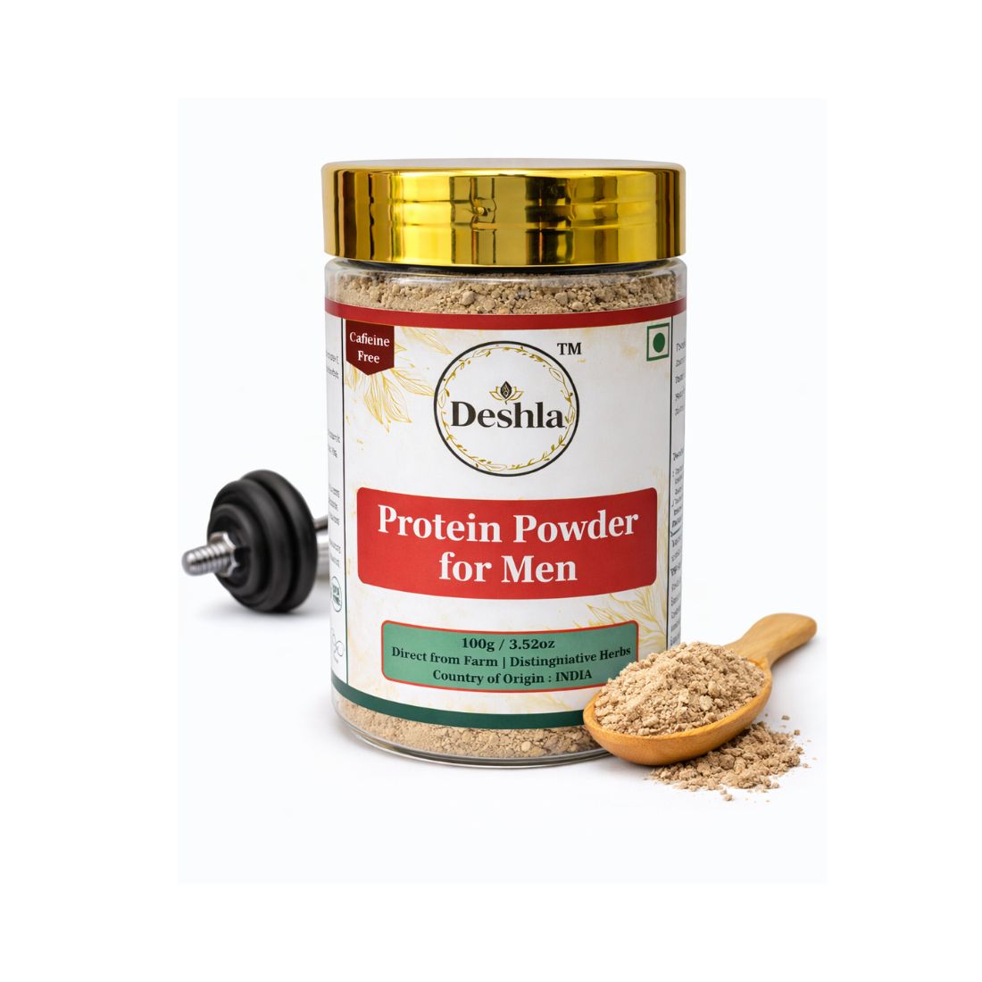 Deshla Protein Powder for Men with a scoop and weight bar on a white background