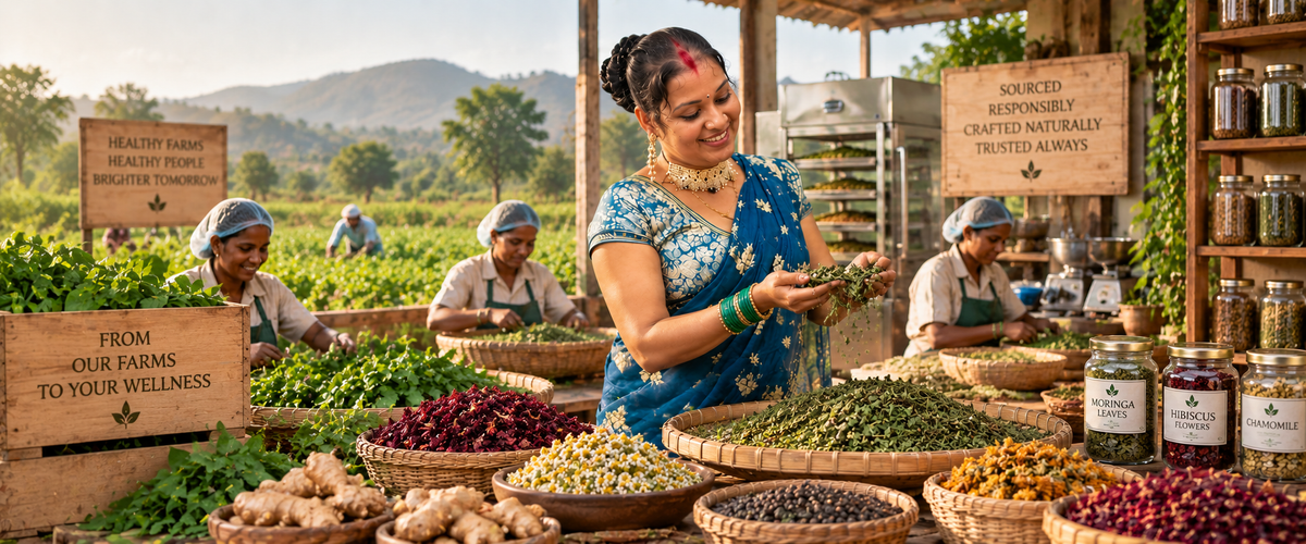 A woman in a blue traditional outfit stands at an outdoor market stall filled with woven baskets of herbs, spices, and jars of ingredients. Other workers and signs are visible in the background, with mountains and greenery behind the scene.