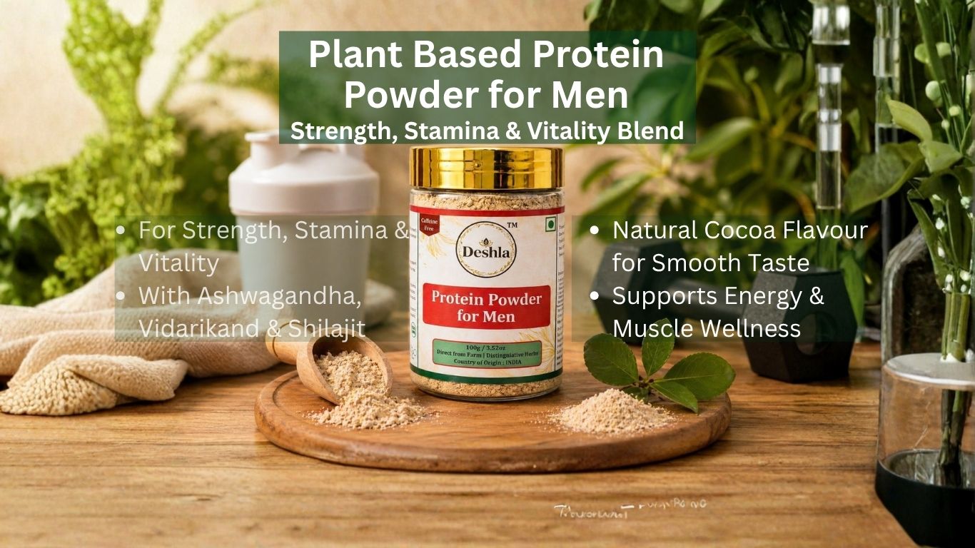 Deshla protein powder for men on a wooden surface with plants in the background