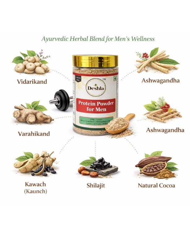 Deshla Protein Powder for Men with Ayurvedic Herbs on a white background