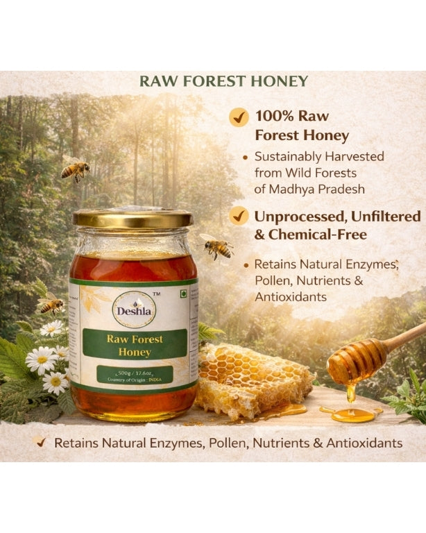 Jar of Deshila Raw Forest Honey with honeycomb and bees in a forest setting