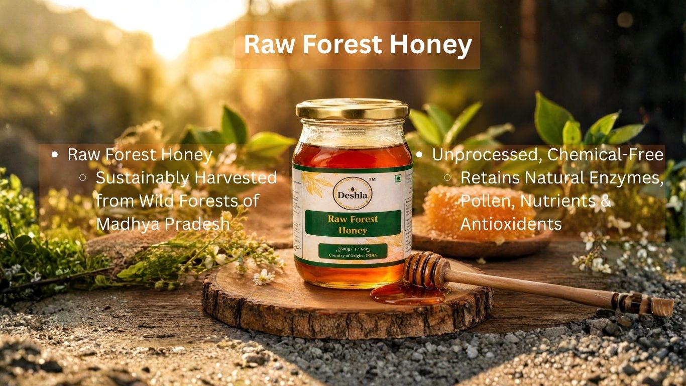 Deshla Raw Forest Honey jar with honey dipper on a natural wooden background