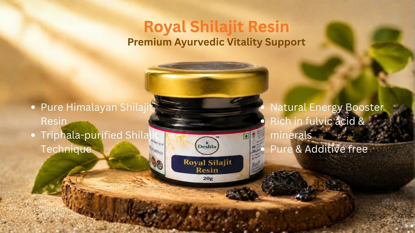 Jar of Royal Shilajit Resin on a wooden platform with natural elements