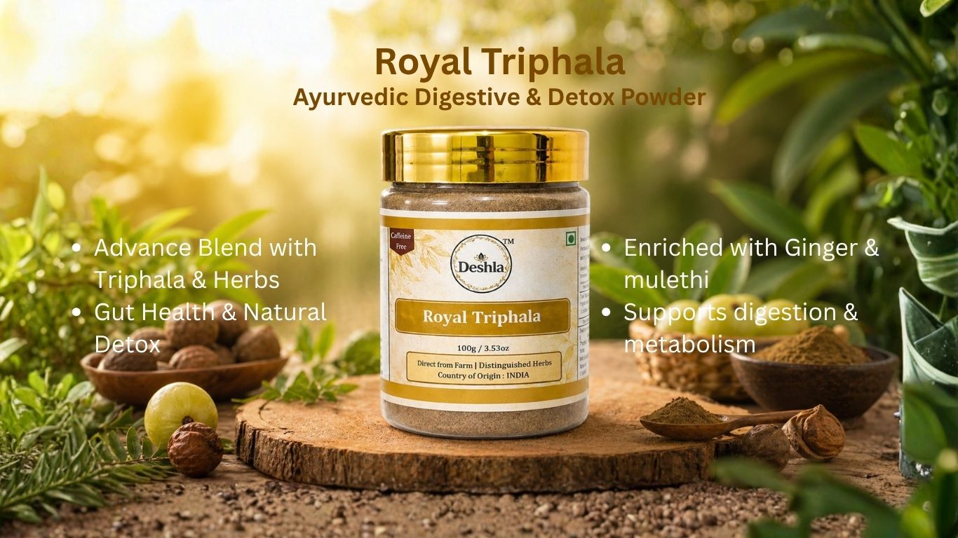 Royal Triphala Ayurvedic Digestive & Detox Powder packaging with natural elements in the background