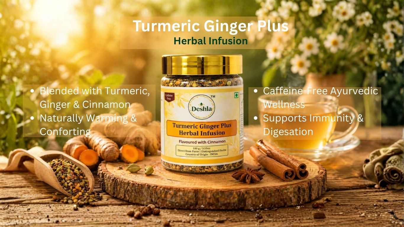 Deshla Turmeric Ginger Plus Herbal Infusion bottle on a wooden surface with turmeric roots and a cup of tea.