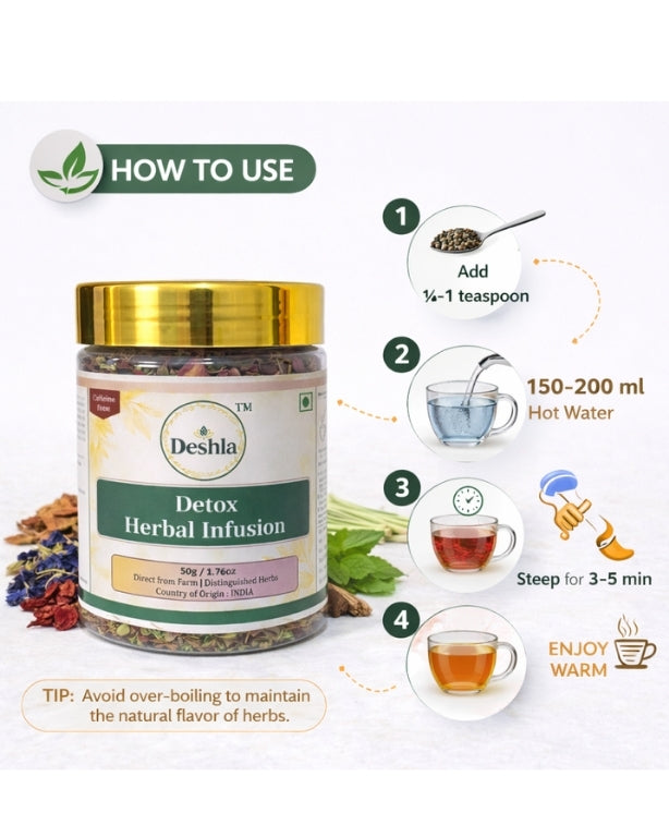 Deshla Detox Herbal Infusion packaging with usage instructions on a white background