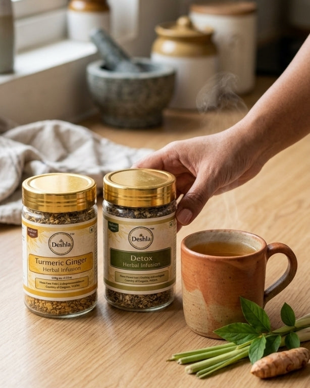 Two jars of Deshla herbal infusions on a wooden table with a cup of tea and turmeric root.