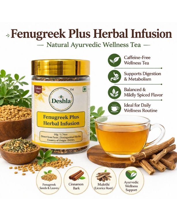 Fenugreek Plus Herbal Infusion packaging with tea, herbs, and cup on a white background