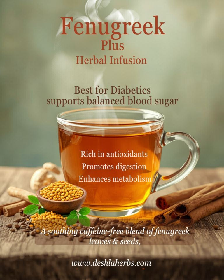 Fenugreek herbal infusion with a cup of tea, seeds, and cinnamon sticks on a wooden surface.