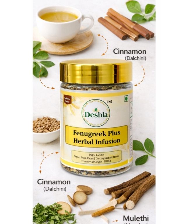Deshila Fenugreek Plus Herbal Infusion jar with cinnamon sticks, fenugreek seeds, and tea on a white background