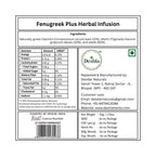 Label for Fenugreek Plus Herbal Infusion with nutritional information and Deshla brand logo.