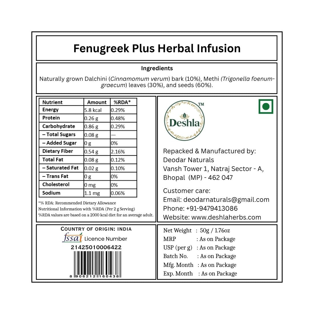 Label for Fenugreek Plus Herbal Infusion with nutritional information and Deshla brand logo.