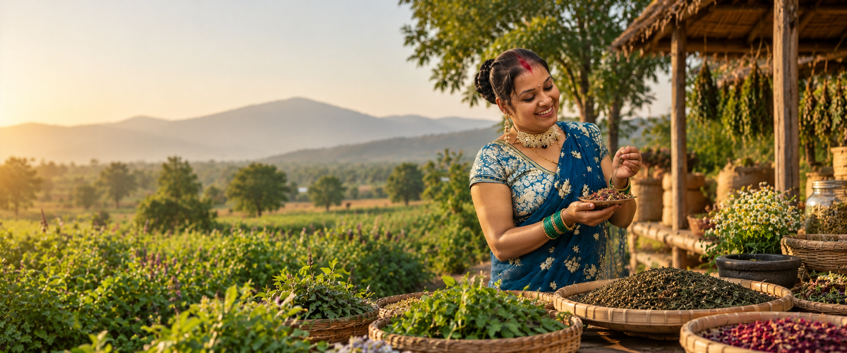 A woman in a blue patterned traditional outfit stands outdoors in a farm setting at sunset, holding a small bowl while baskets of herbs and spices are arranged in front of her. Mountains and trees are visible in the background.