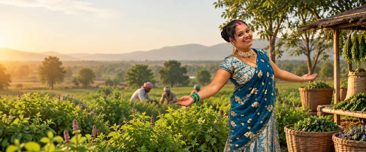 A woman in a blue patterned saree stands in a lush green farm field at sunset, gesturing toward rows of crops and baskets of produce. Two workers are visible in the background among trees and hills.