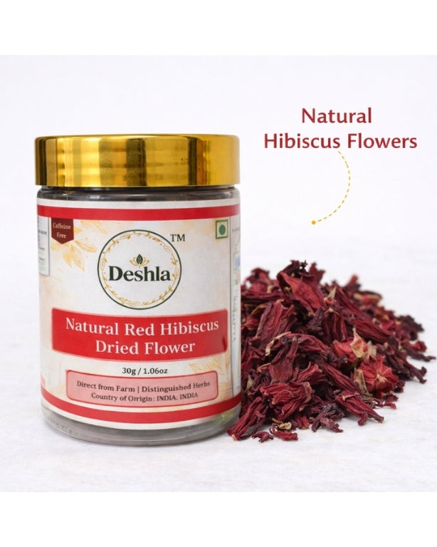 Jar of Deshla Natural Red Hibiscus Dried Flower with gold lid and red flowers on a white background