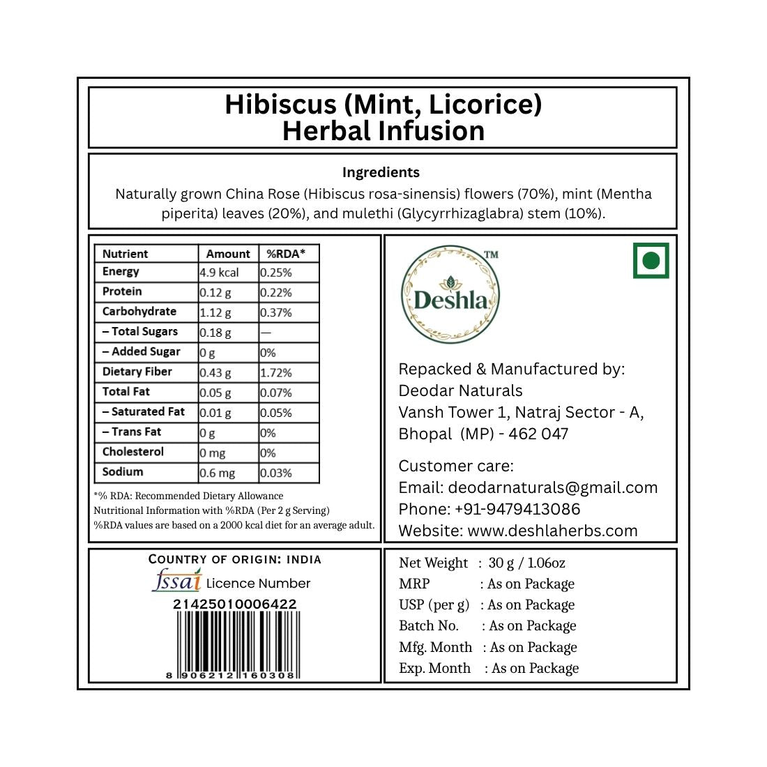 Label of Hibiscus (Mint, Licorice) Herbal Infusion with Deshla branding
