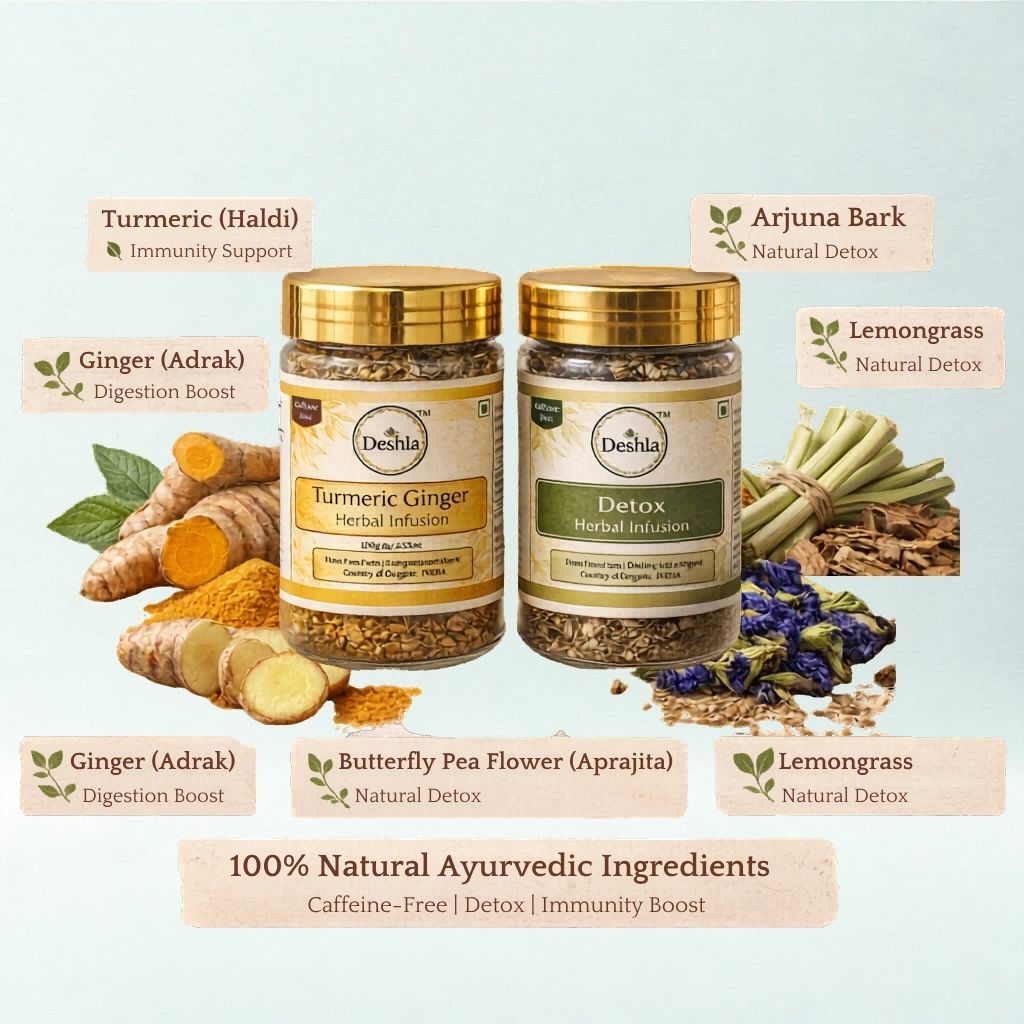 Two jars of Deshla herbal infusions with ingredients and benefits displayed on a light blue background.
