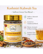 Deshla Kashmiri Kahwah Tea jar with tea leaves, saffron, and spices on a white background