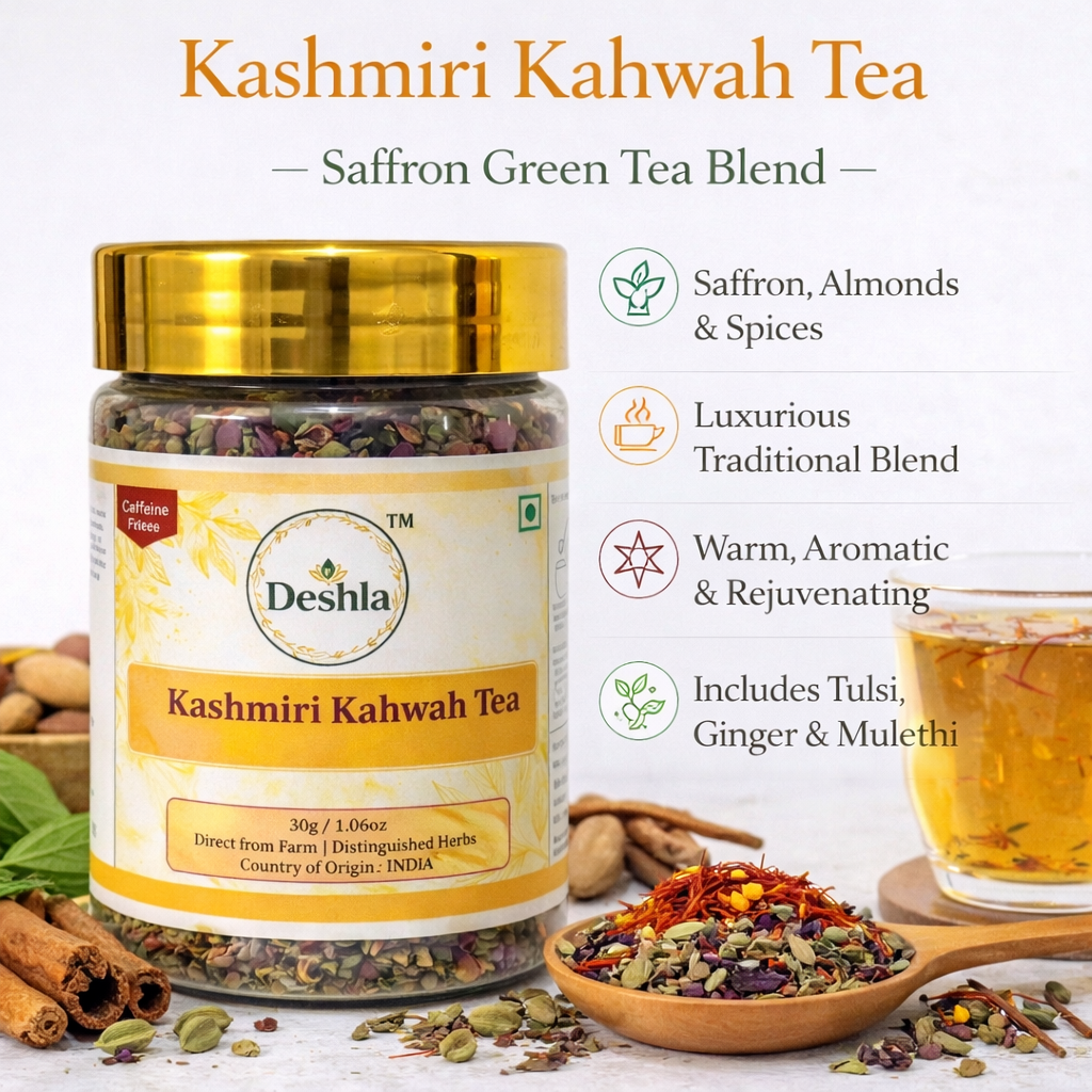 Kashmiri kahwa tea with saffron, almonds, and spices, traditional herbal green tea for wellness 