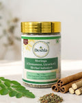 A jar of moringa, cinnamon, and licorice in whitish background