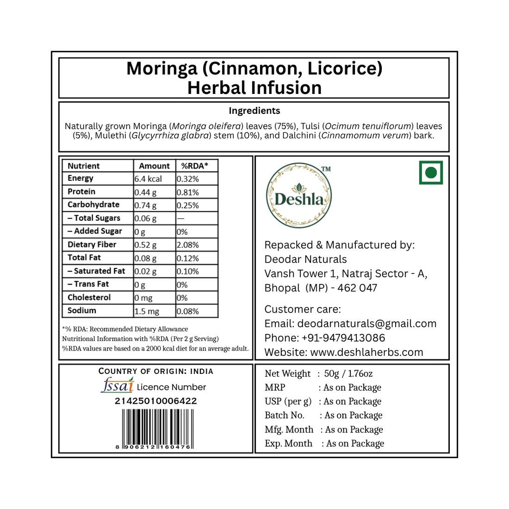 Label for Moringa (Cinnamon, Licorice) Herbal Infusion with Deshla branding