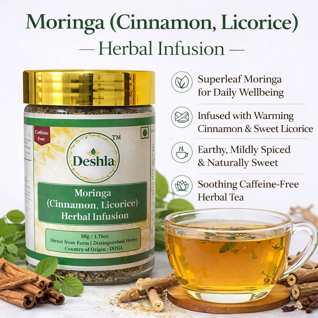 Moringa herbal tea with cinnamon and mulethi in a cup, caffeine-free wellness infusion