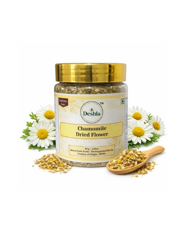 Jar of Desha Chamomile Dried Flower with flowers and a wooden spoon on a white background
