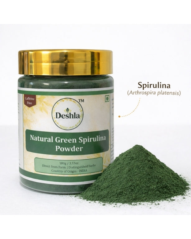 Deshla Natural Green Spirulina Powder jar with green powder on a white background