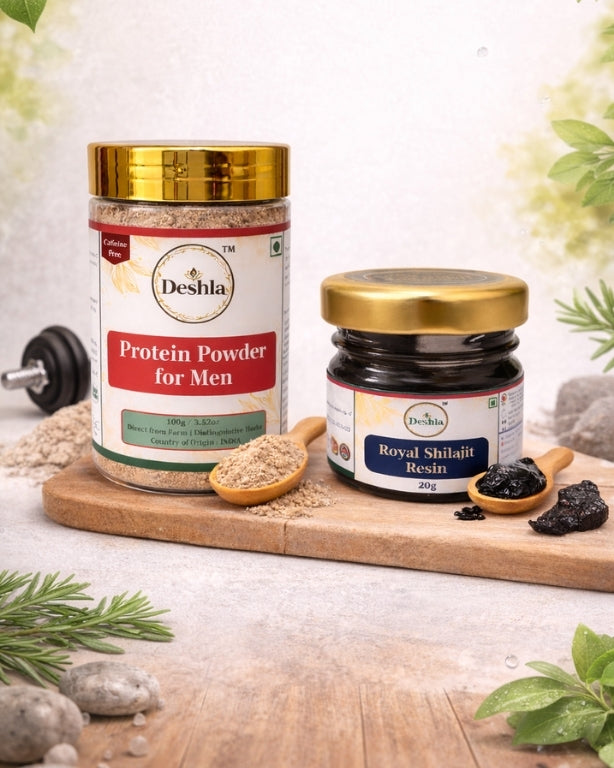 Two jars of Deshla products on a wooden board with natural elements in the background