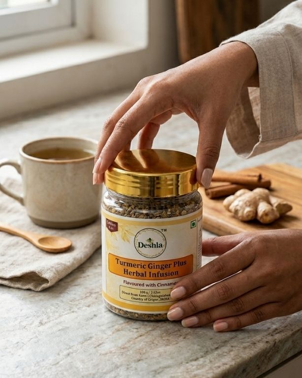 Person holding a jar of Deshla Turmeric Ginger Plus Herbal Infusion on a kitchen counter with a cup and cinnamon sticks in the background.