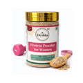 Deshla Protein Powder for Women with a spoonful of powder, pink dumbbell, and measuring tape on a white background