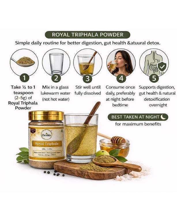 Royal Triphala Powder packaging with usage instructions on a white background