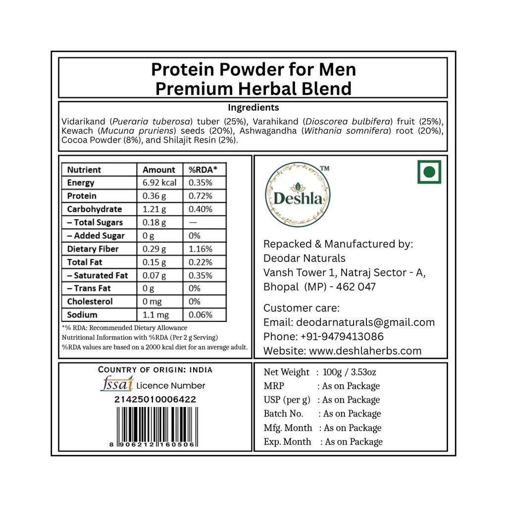 Label of Protein Powder for Men with Deshla branding