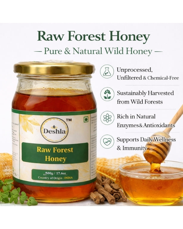 Jar of Deshla Raw Forest Honey with honey dipper and bowl on a white background