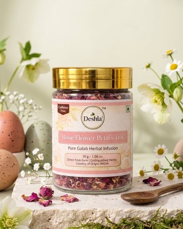 Jar of Deshla Rose Flower Petals Tea with a gold lid on a decorative background with flowers and eggs.