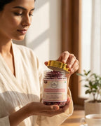 Woman holding a jar of Dabur Rose Flower Powder in a bright room.