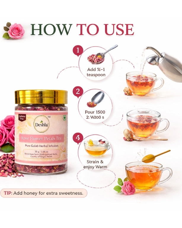 Instructions on how to use Deshla Rose Flower Petals tea with a jar of tea and cups of tea.