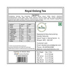 Royal Oolong Tea label with nutritional information and branding details.