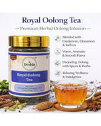 Deshla Royal Oolong Tea jar with a cup of tea and tea leaves on a white background