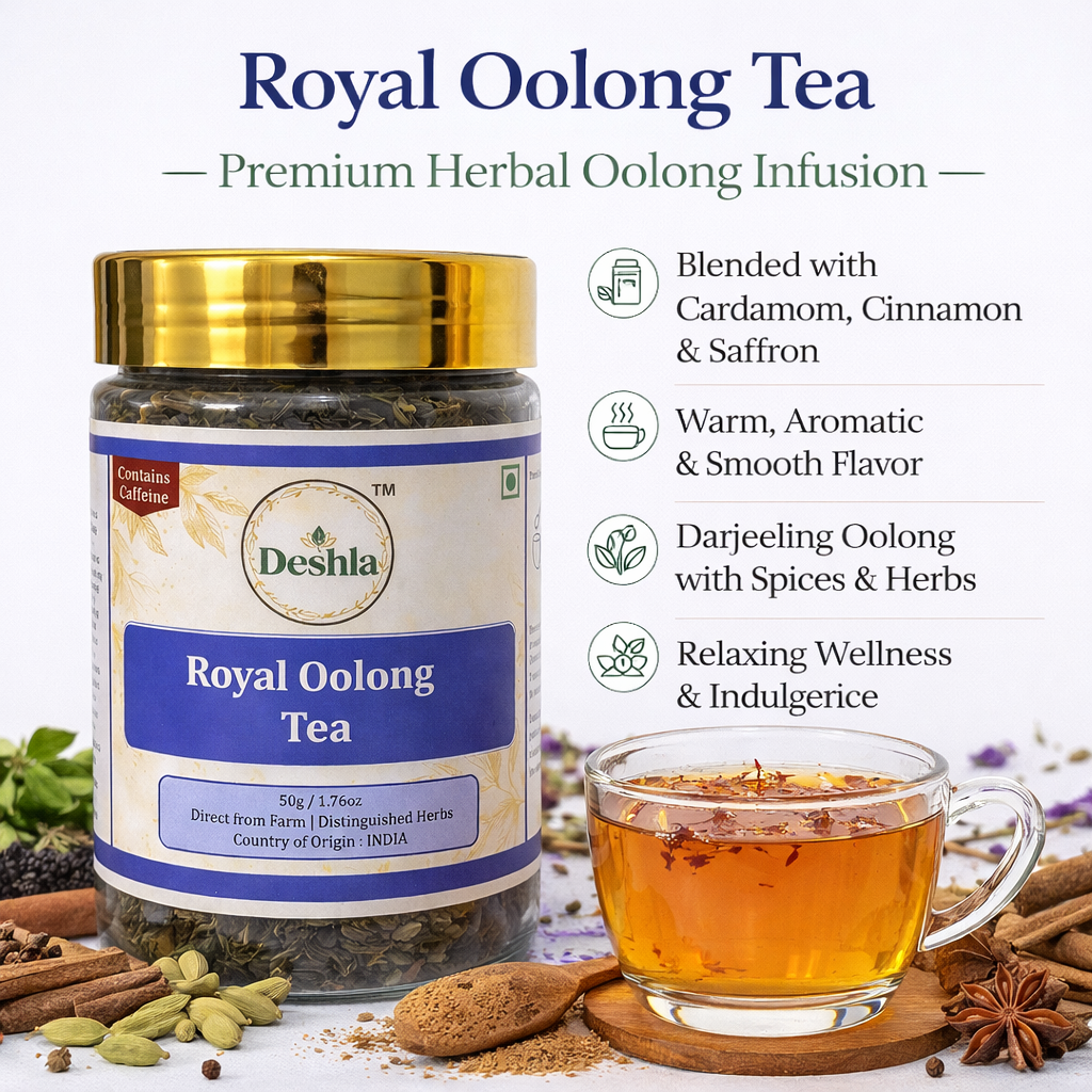Royal Oolong tea with saffron, cardamom, cinnamon, and spices in a cup, premium herbal oolong infusion 